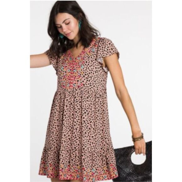 Savanna Jane Embroidered Cheetah Print Mini Dress Size Small - Picture 1 of 6